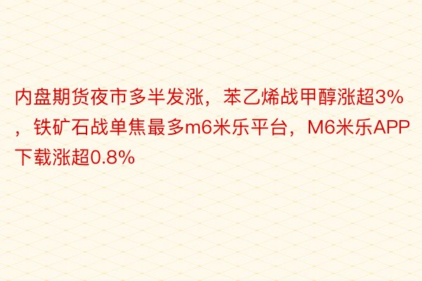 内盘期货夜市多半发涨，苯乙烯战甲醇涨超3%，铁矿石战单焦最多m6米乐平台，M6米乐APP下载涨超0.8%